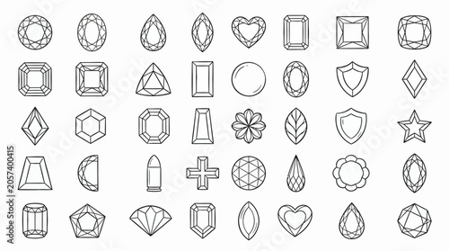 Collection of various gemstone cuts and shapes presented as line art icons.