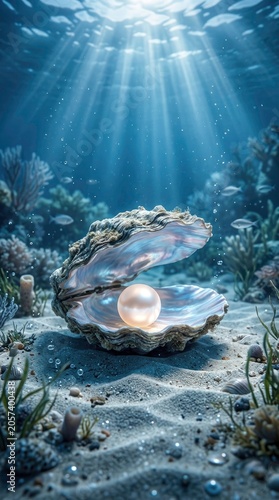 Underwater Scene with Pearl Inside Open Seashell and Sunlight Rays