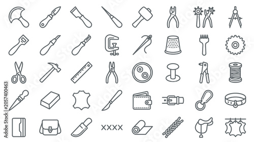 Collection of leatherworking tools and accessories depicted as simple line icons on a white background.