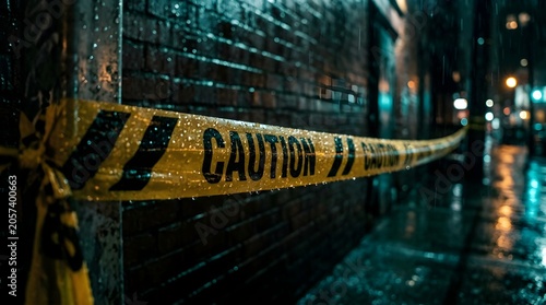 Macro Yellow Caution Tape with Raindrops in Wet Night Alley