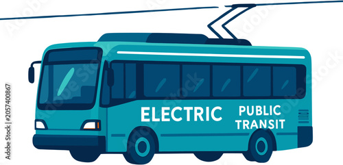 Tableau sur toile Illustration of a teal electric public transit bus with overhead power lines and pantograph, symbolizing sustainable urban transportation