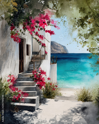 Mediterranean Coastal Watercolor – AI Generative
