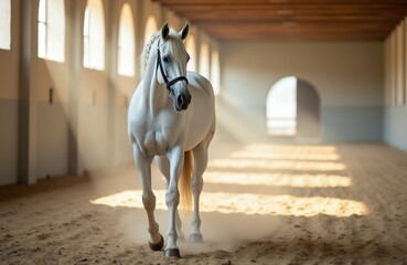 White horse walks in arena, light beams shine through windows. Elegant equine trained for dressage, has braided mane. Animal moves with grace on sandy ground, dust rises.