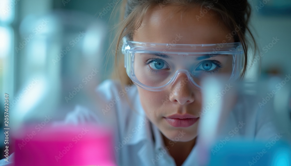 Naklejka premium Young female scientist works with colorful liquids in lab glassware. She wears safety goggles and focuses on experiments. Researching cure or new tech.