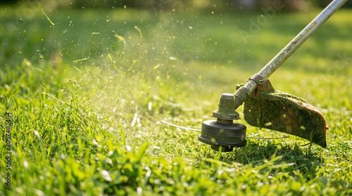 Fresh grass trimming, string trimmer cuts lush lawn, bright clippings fly gently. Dynamic motion during outdoor grass trimming, clean green tones under natural daylight.