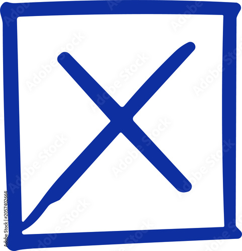 Obraz na plátně Hand drawn blue cross mark inside a square box, simple graphic symbol