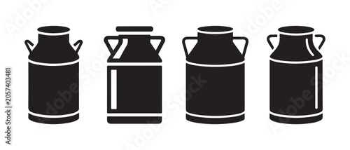 Set of four vintage milk cans icons isolated on white background in a minimalist flat design style.