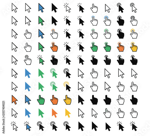 Comprehensive Set of Vector Mouse Cursor Icons Illustrating Different Click, Pointer, and Hand States for Modern UI/UX Design Projects and Digital Interaction Graphics