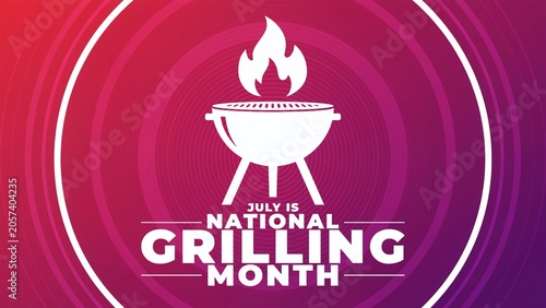 July is national grilling month promotional banner graphic with barbecue grill fire icon