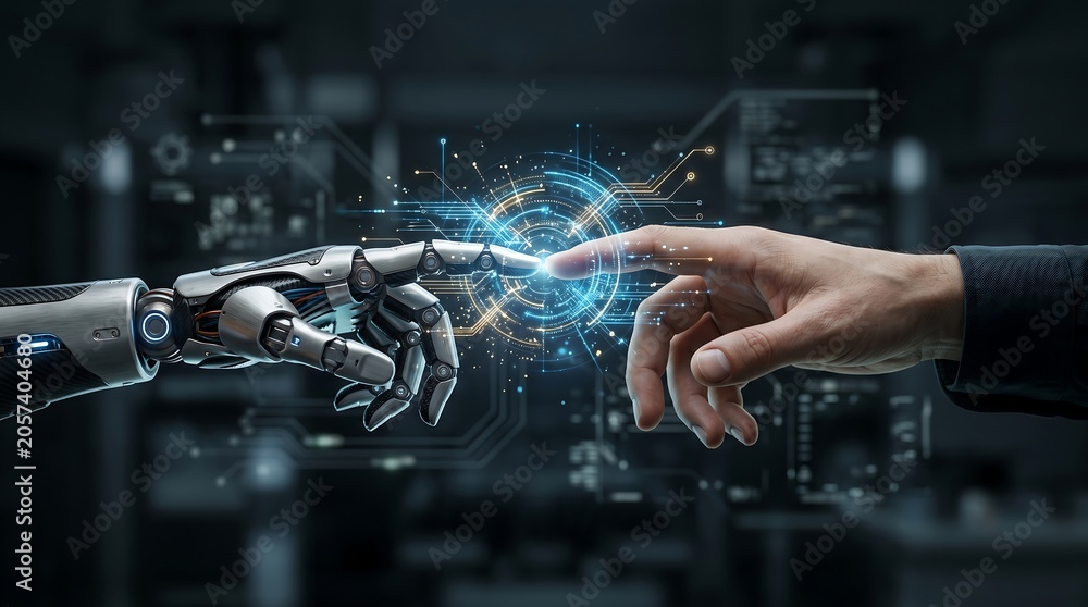 Fototapeta premium Close-up of a robotic hand holding a glowing blue ball.