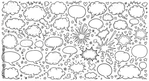 A black and white illustration of various comic book style speech bubbles and thought clouds with hearts stars and other decorative elements