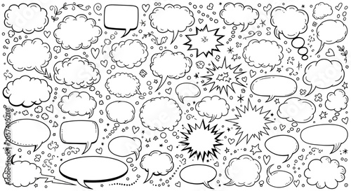 Foto Collection of various comic speech bubbles and thought clouds with hearts stars