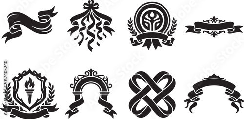 Photos Vintage monochrome heraldic elements set with laurel wreath torch and ribbons ve