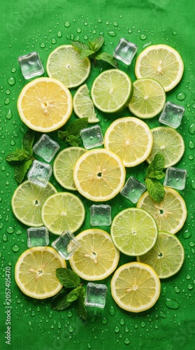 Lemon slices with mint and ice cubes on green background