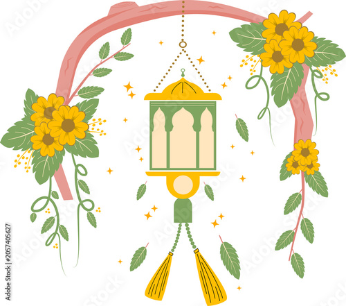 Eid al-Fitr lantern decorations are hung on the branches of flowering trees.