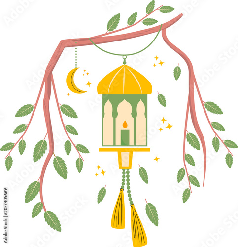 Islamic lanterns hung from the branches of flowering trees.