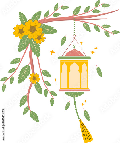 Beautiful Islamic lanterns hung from the branches of flowering trees.
