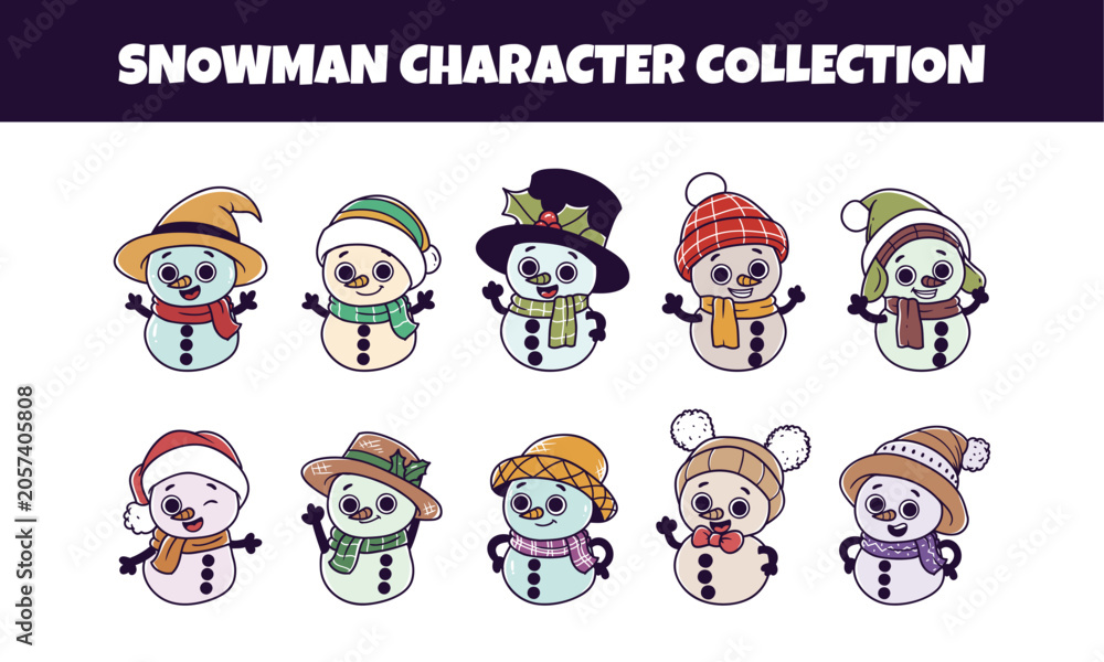 Fototapeta premium Cute snowman character vector illustration set