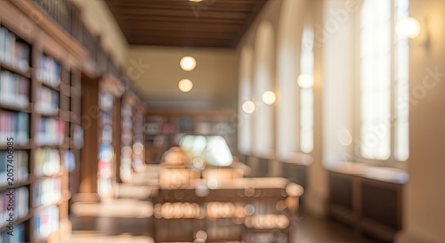 Blurred background of a classic library reading room with warm sunlight.