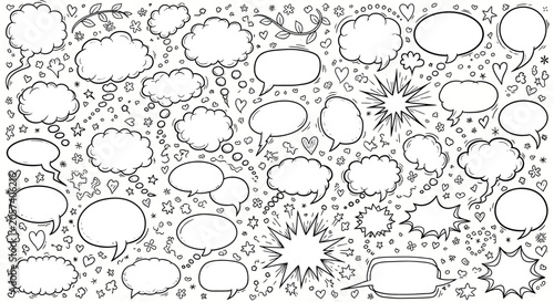 A black and white illustration of various comic book style speech bubbles and thought clouds with hearts stars and other decorative elements