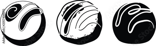 Set of chocolate truffle candies with drizzle decoration in black and white hand drawn style.