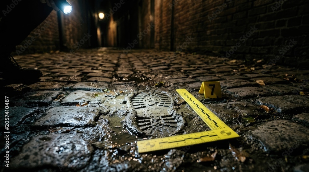 Fototapeta premium Crime Scene Investigation Footprints and Evidence Marker on Cobblestone Alley at Night.