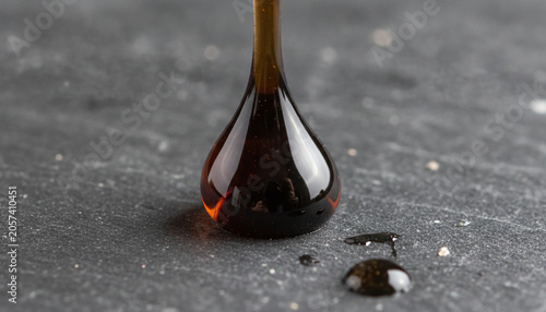 Pure Shilajit resin thick glossy black viscous drop macro with amber edges