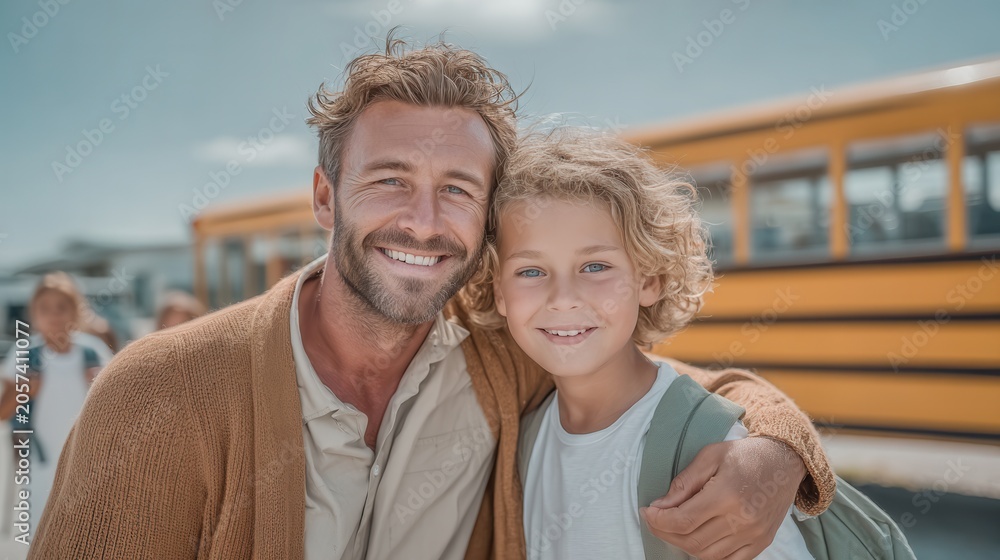 Obraz premium A smiling child with a backpack stands next to an adult near a school bus on a sunny day. A parent and child stand together in front of a yellow bus, a happy morning before school.