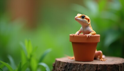 Small lizard peeks from terracotta pot on tree stump. Cute reptile with orange spots sits in garden. Tiny animal looks curious with green leafy background.