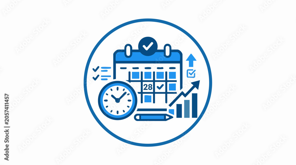 Obraz premium Project management icon with calendar and clock, business productivity vector illustration, time tracking and schedule planning concept