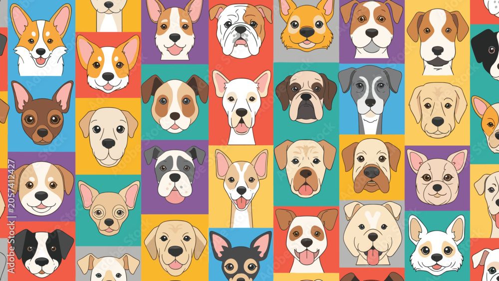 Fototapeta premium Colorful seamless pattern of diverse dog breed faces arranged in a grid of vibrant squares for animal lovers and pet products.