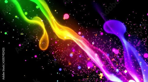 Colorful abstract waves with bright streaks and glowing particles on a black background creating a vibrant and dynamic visual representation