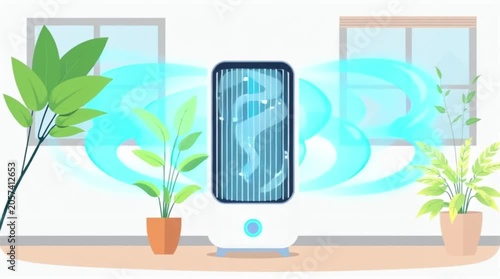 Modern air purifier with greenery in a bright room, promoting clean air and a healthy lifestyle for home and office environments