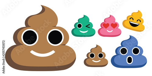 Fun set of brown poop emoji characters with different facial expressions including happy, sad, love, angry, and crying.
