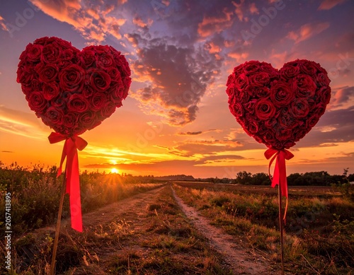 Heart shaped roses at sunset