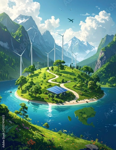 Idyllic green island with clean energy