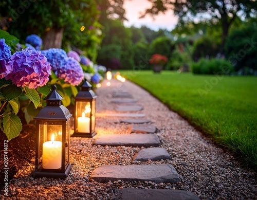 Illuminated garden path at dusk