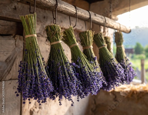Lavender bunches drying on rack