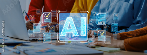 Foto Collaborative Teamwork in Modern Office with Digital AI Interface and Managerial