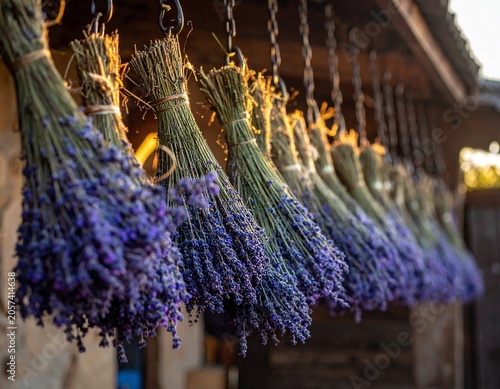Lavender bunches hang drying
