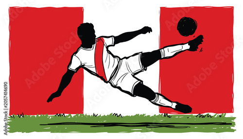 Schilderij op canvas Peruvian soccer player performing a dynamic volley kick against a national flag