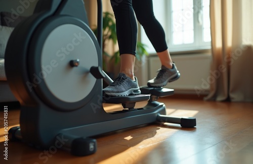 Woman legs in sneakers workout on elliptical trainer at home. Person doing cardio exercise on fitness machine, improving health and wellness. Indoor gym activity for fit body.