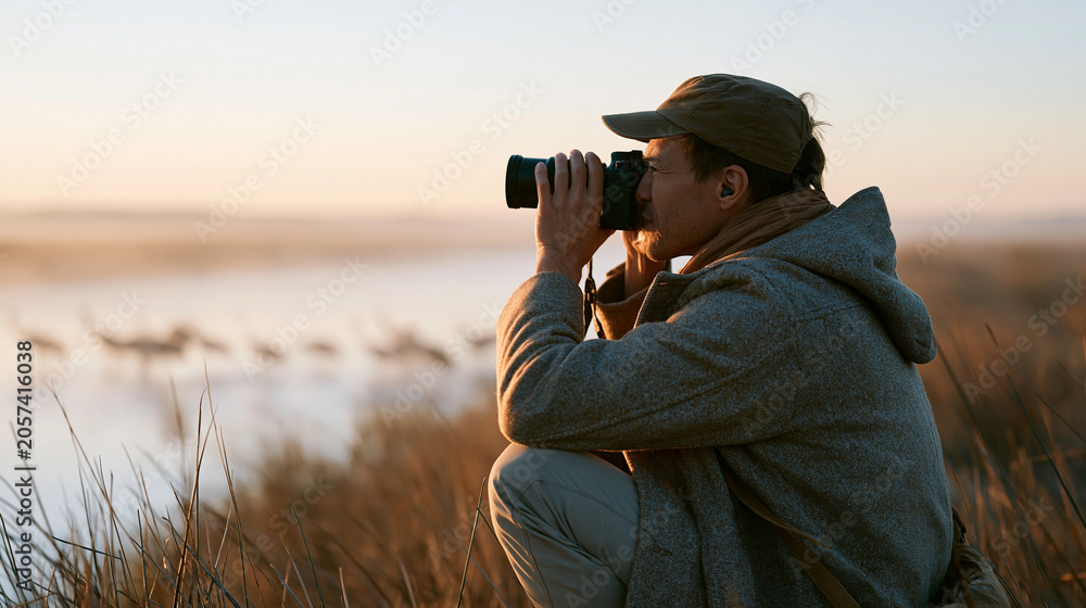 Naklejka premium Wildlife photographer crouching behind riverside reeds in predawn mist adjusting a long lens aimed toward a flock of cranes landing in shallow water during their northward spring