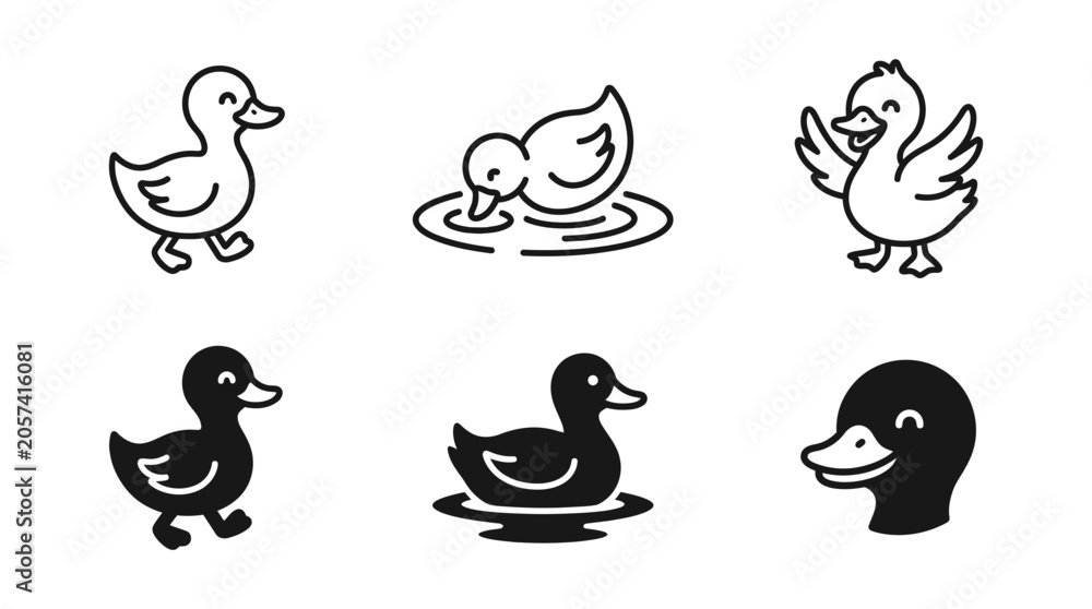 Fototapeta premium Set of cute duck icons in outline and solid black style with illustration collection creative character wildlife