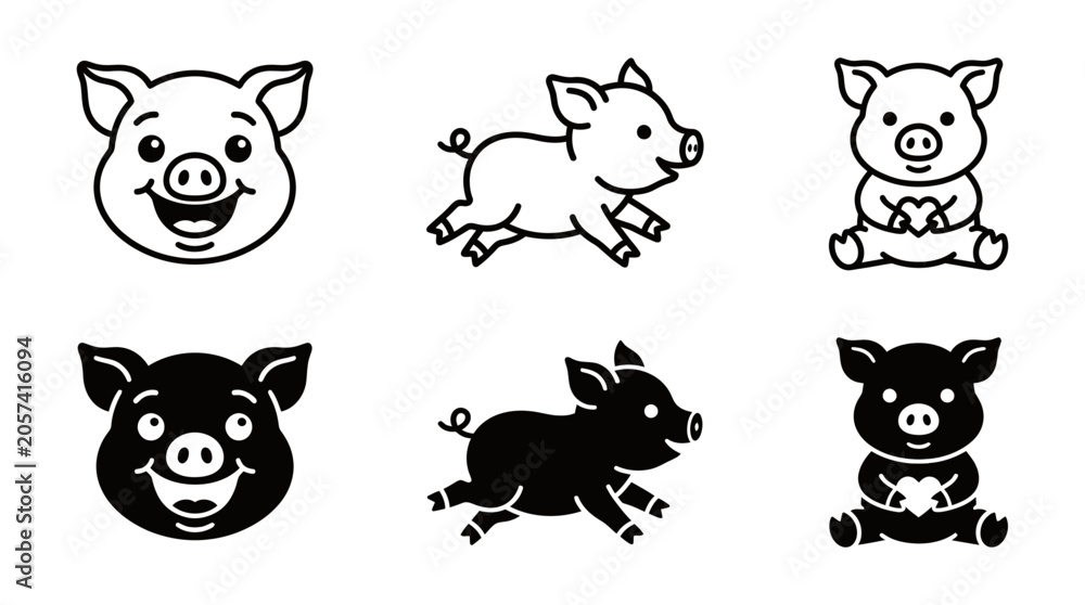 Obraz premium Cute pig icons set in outline and black solid style with illustration character collection livestock elements