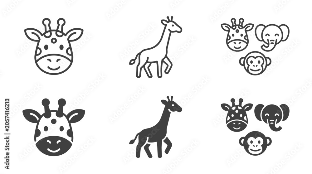 Obraz premium Set of cute giraffe elephant and monkey face icons in outline and solid styles elephant wildlife illustration
