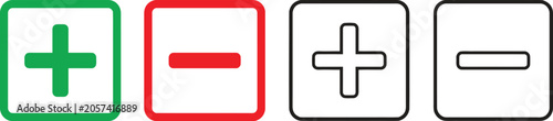 Fotografía Plus and minus sign icons in square boxes with green red and black colors