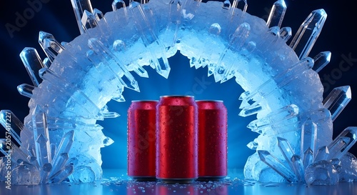 Refreshing red cans surrounded by icy blue crystals