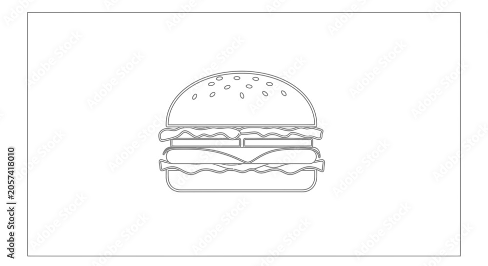 Fototapeta premium Simple line art illustration of a classic hamburger with cheese, lettuce, and bun
