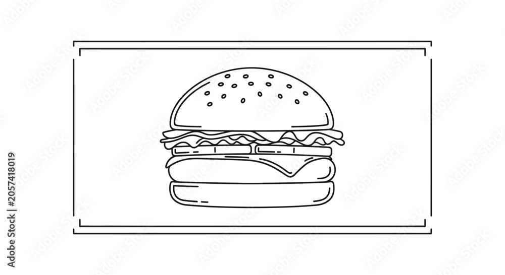 Fototapeta premium Simple line art illustration of a delicious hamburger with cheese and lettuce